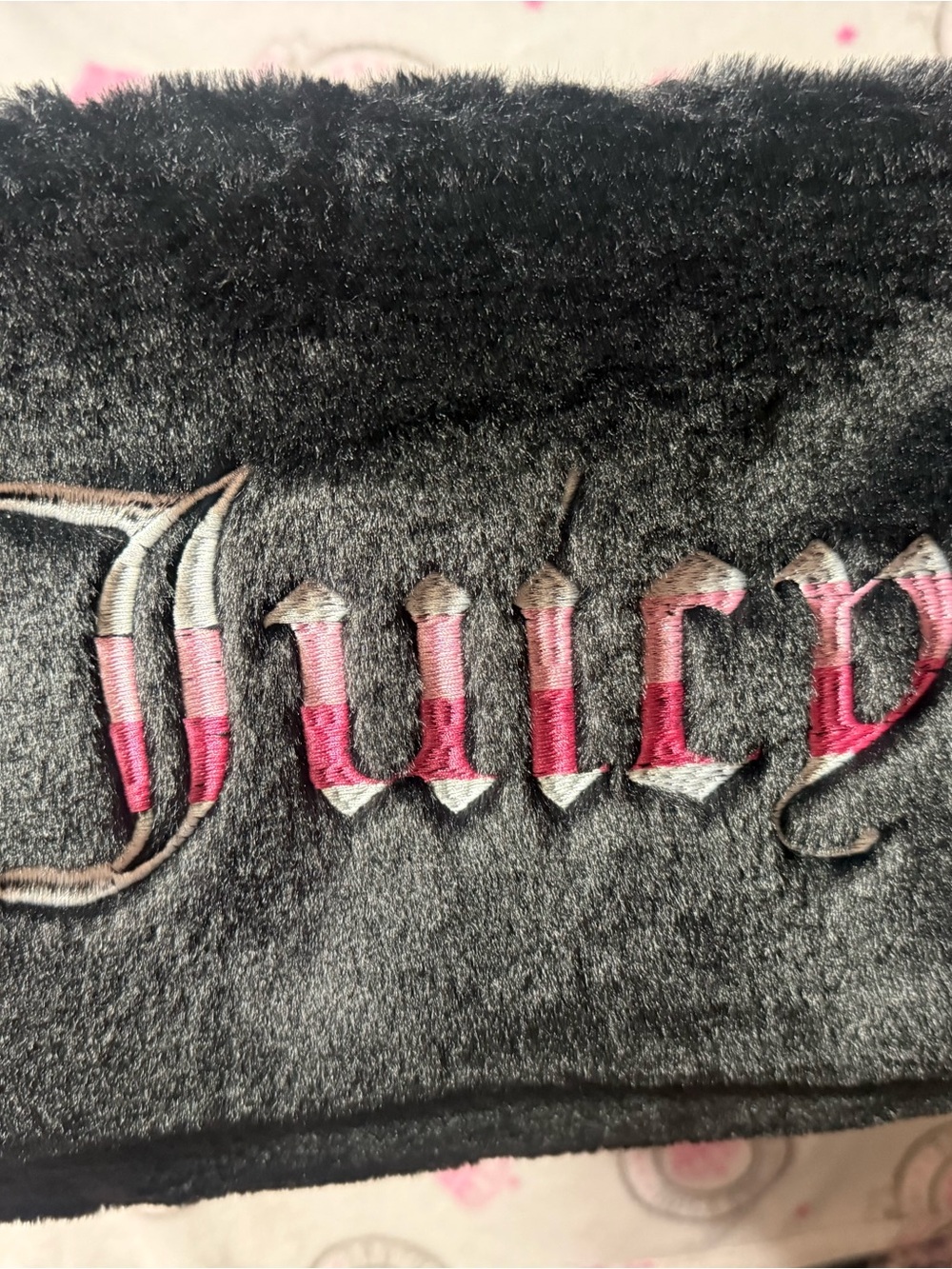 Juicy Couture Black Faux Fur Pouch with Pink and Cream Embroidery